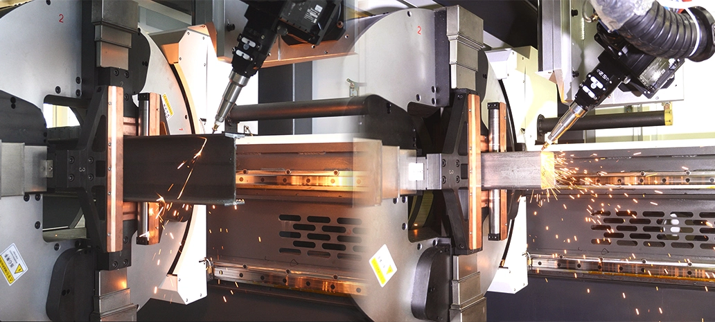 precision cut on a metal tube by a tube laser cutter.webp